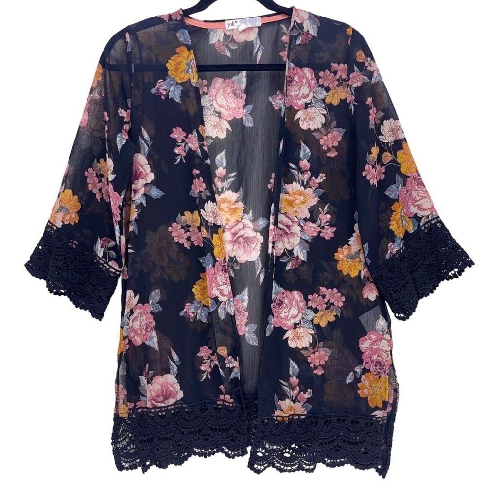 Jolt Black Floral Chiffon Kimono XS Crochet Lace Trim Open Front Cardigan